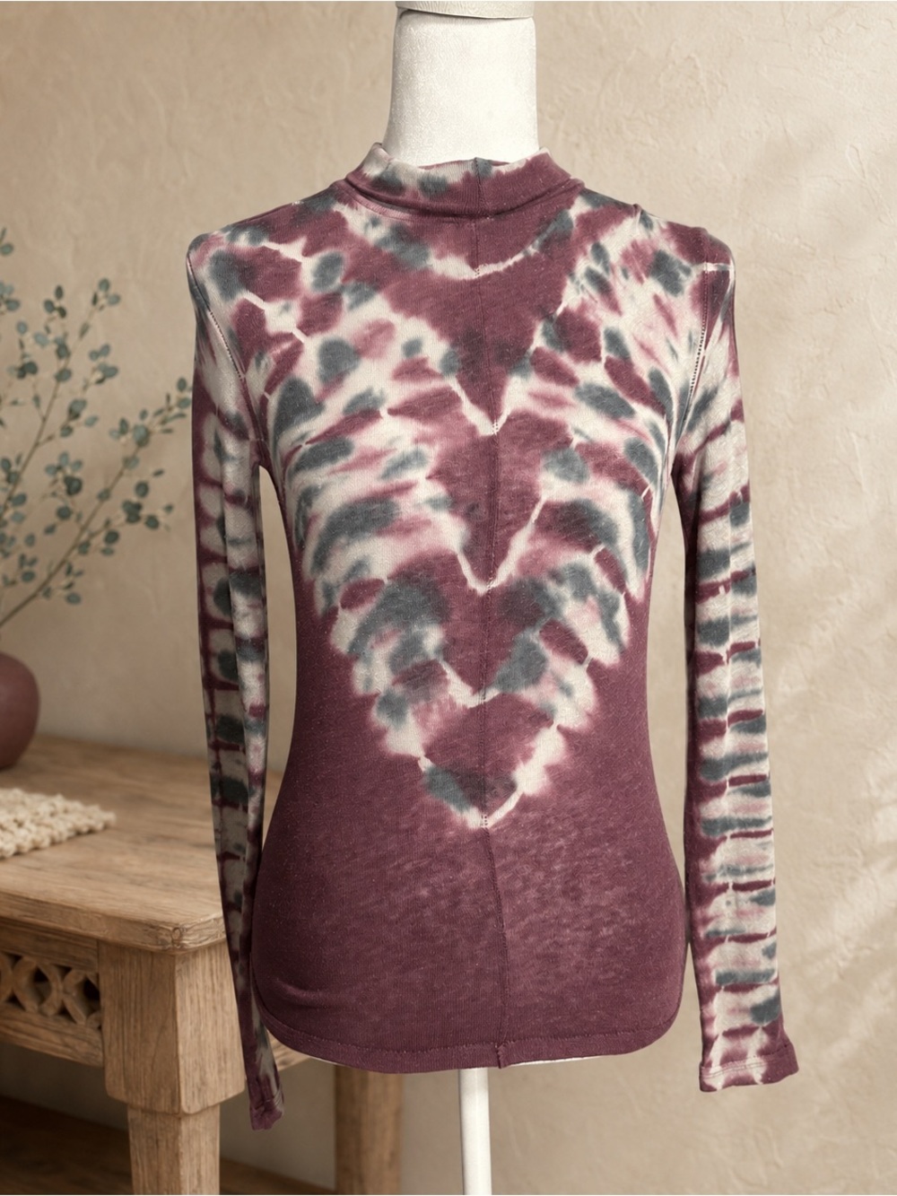 We The Free Plum, Ivory & Gray Tie-Dye Mock Neck Long Sleeve Top